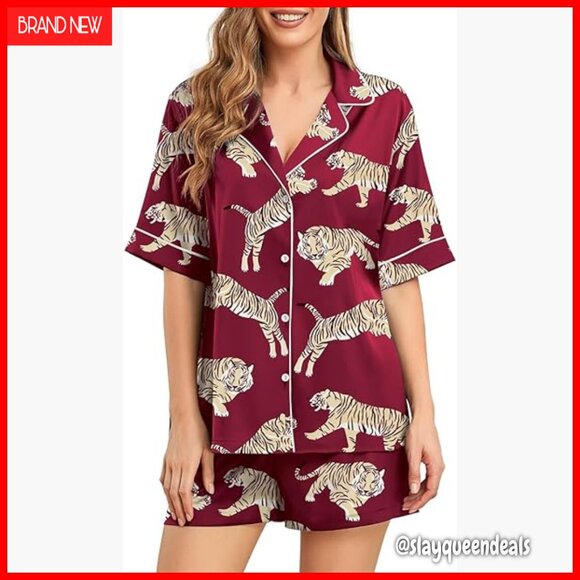 Silk Pajama Set Shorts Button Up Animal Print Satin Sleepwear Summer